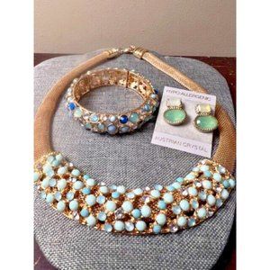 Gold Plated Austrian Crystal Necklace Bracelet Earrings Aqua, Jade, Cobalt gems